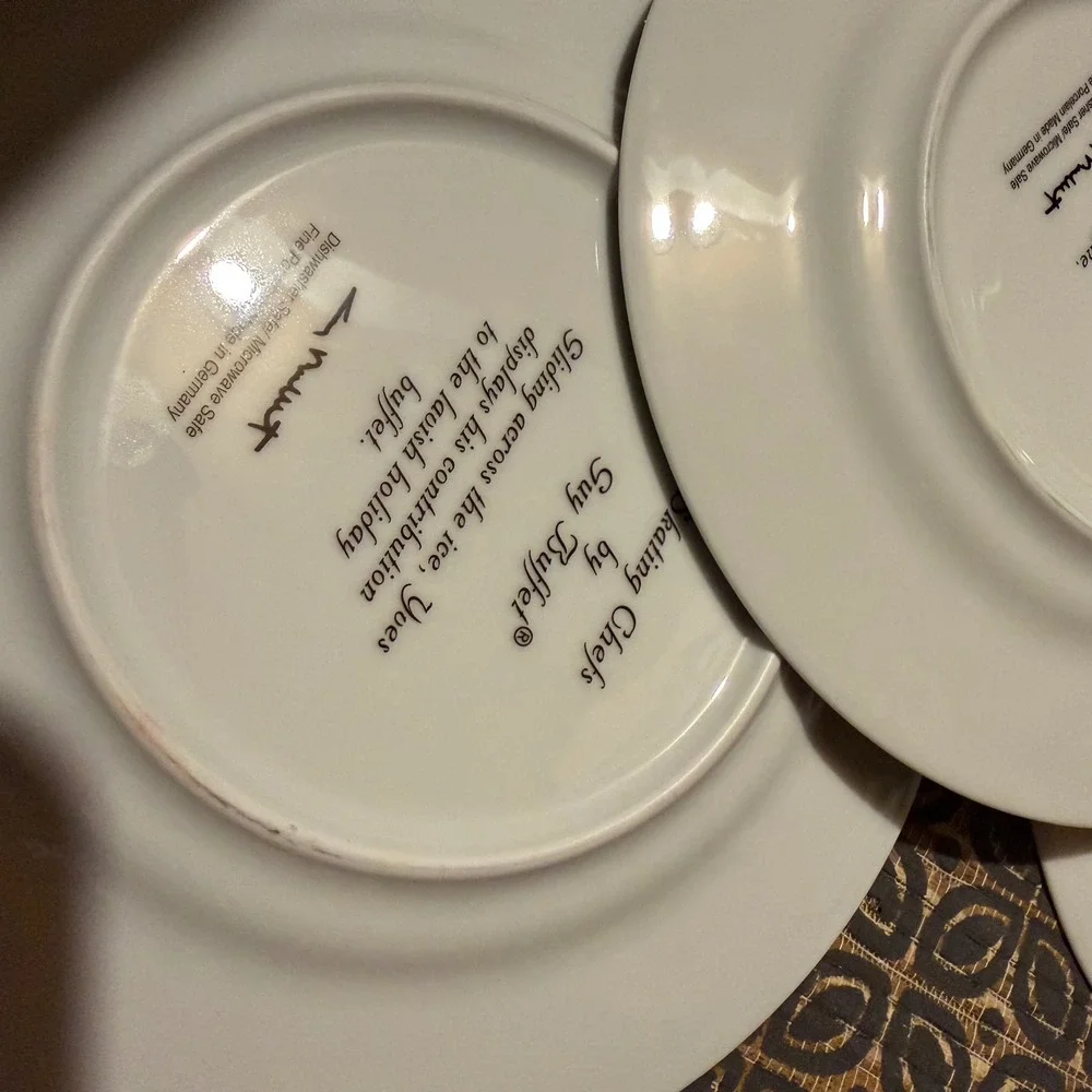 Guy Buffet Salad Plates Skating Chefs Whimsical Kitchen Set of 6 White multi